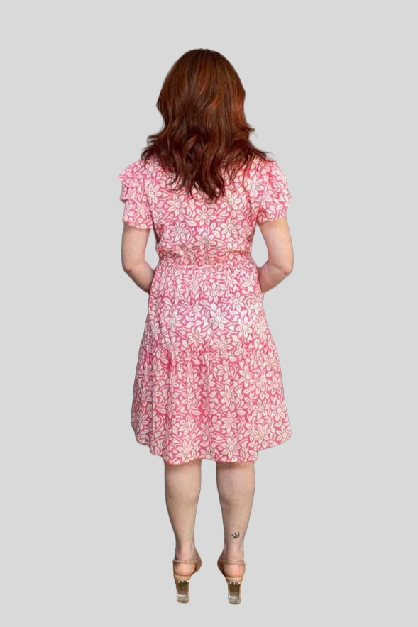 Block Print Cinched Waist Tier Dress - Pink - Short