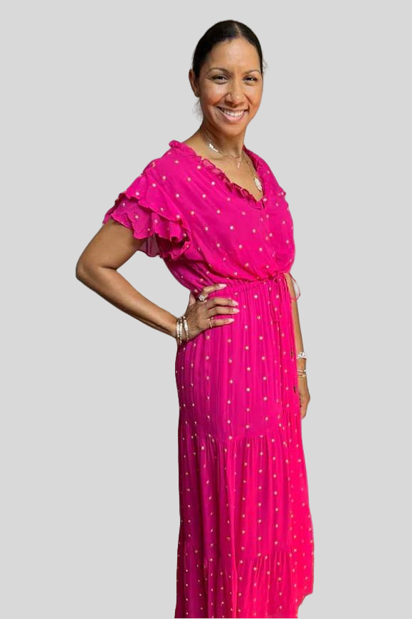 Gold Sequin Cinched Waist Tier Dress