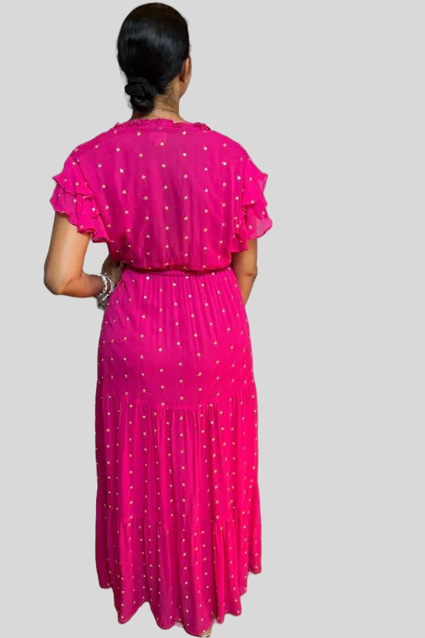 Gold Sequin Cinched Waist Tier Dress