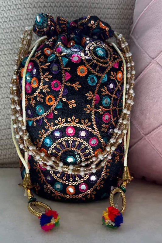 Bejeweled Potli Bag - Black Bucket Style