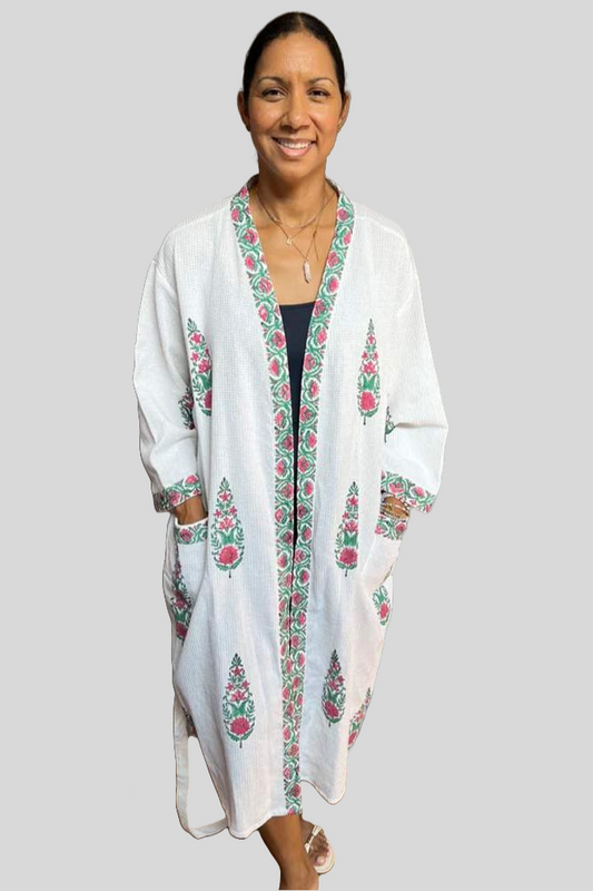 Block Print Waffle Cotton Robe - Pink & Green Mughal