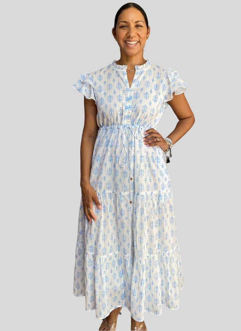 Block Print Cinched Waist Tier Dress