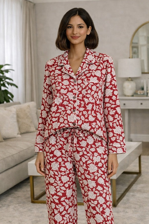 Block Print Pajama Set - Red and White Floral