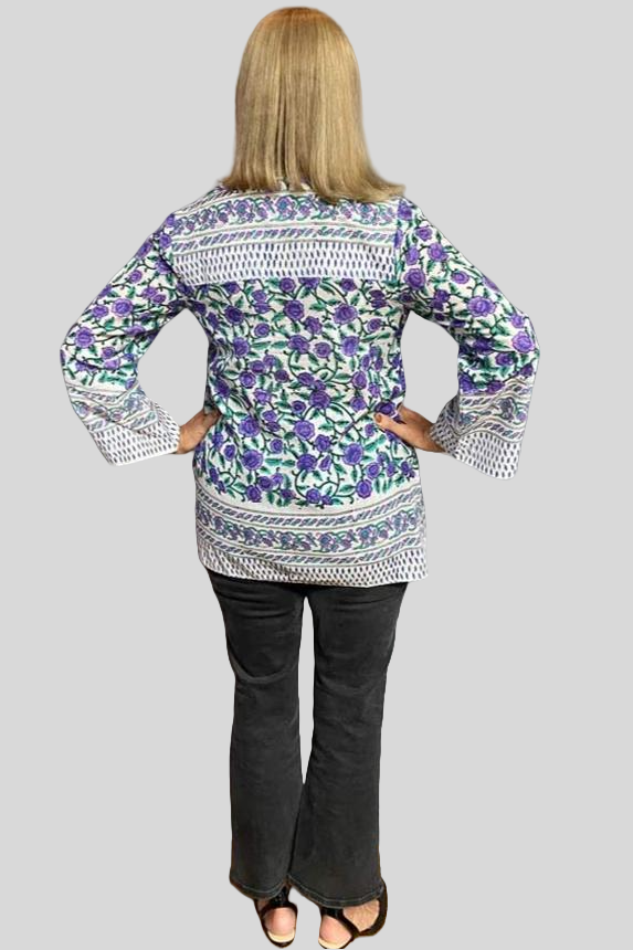 Block Print Lightweight Blouse - Purple and Green