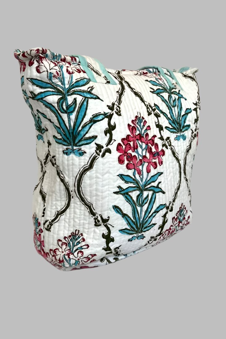 Block Print Zippered Small Tote Bag - White Floral
