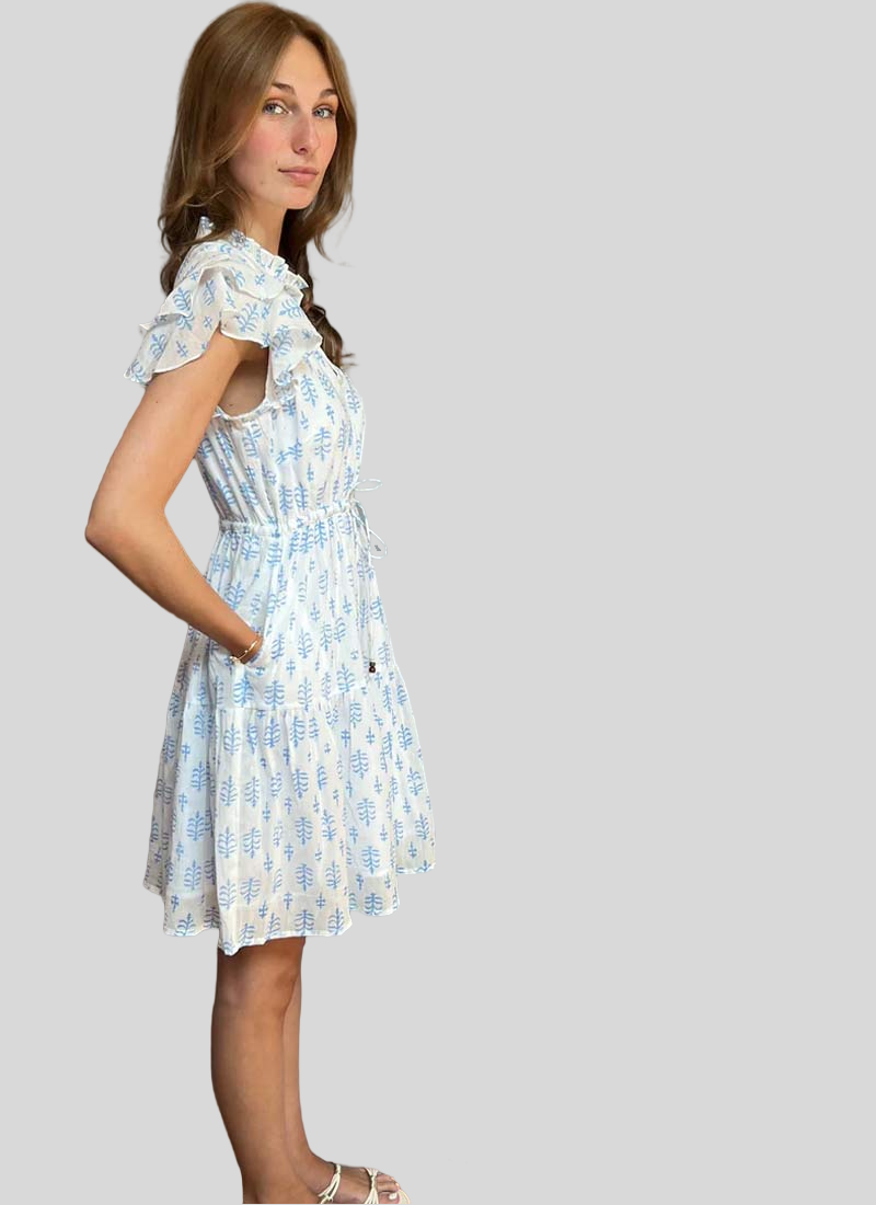 Block Print Cinched Waist Tier Dress - Blue - Short