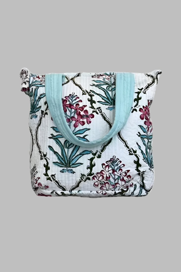 Block Print Zippered Small Tote Bag - White Floral