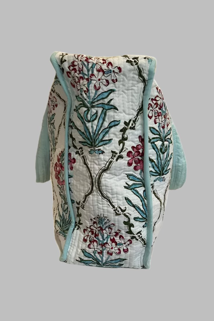 Block Print Zippered Tote Bag - White Floral