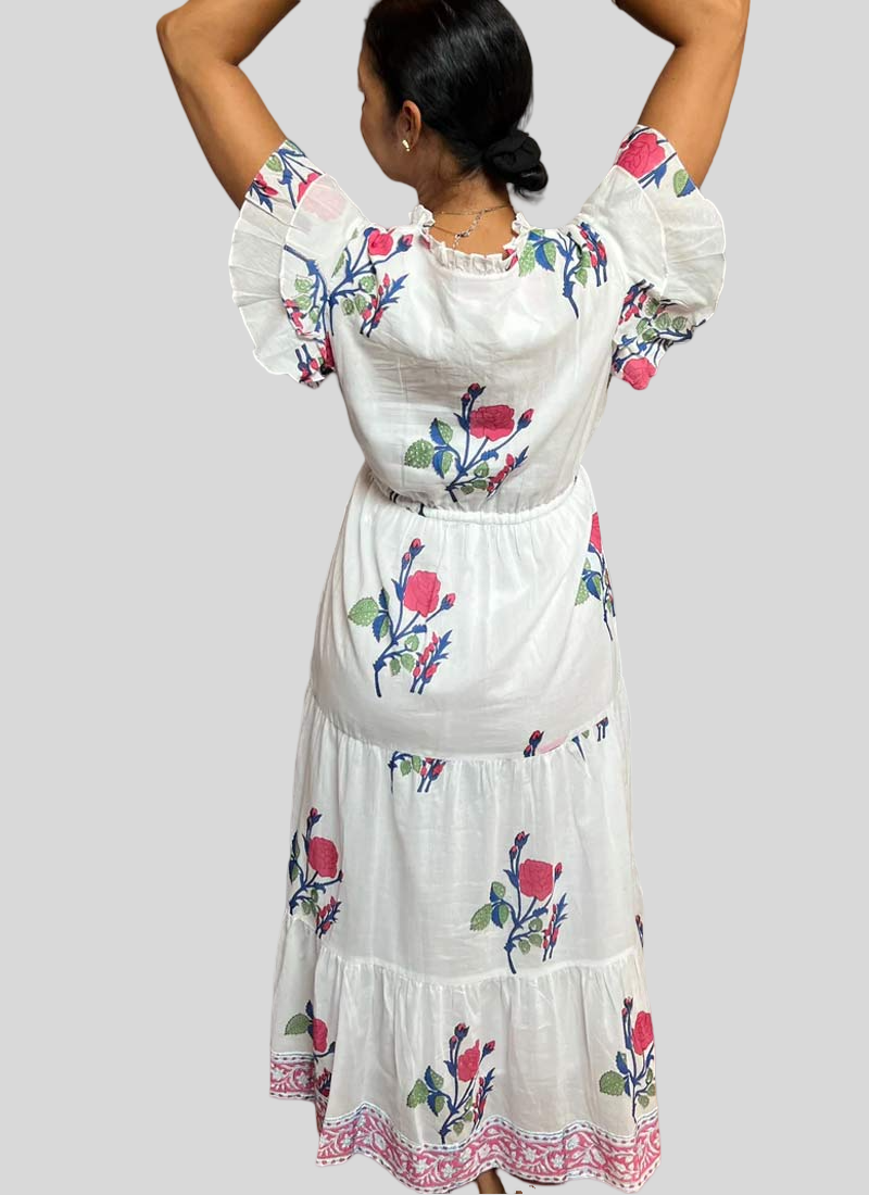 Block Print Cinched Waist Tier Dress - Mughal Print