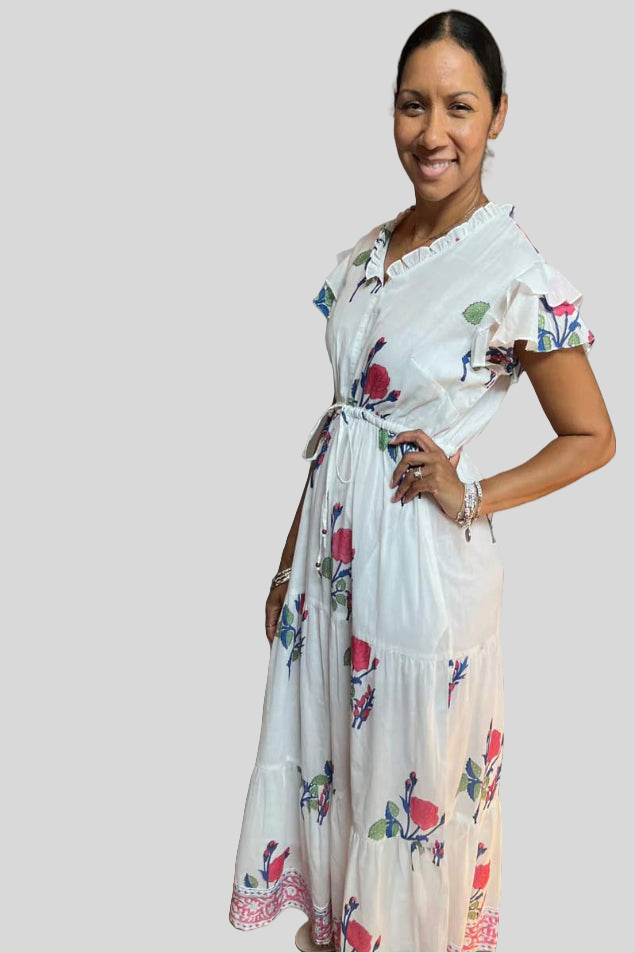 Block Print Cinched Waist Tier Dress - Mughal Print