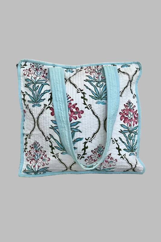 Block Print Zippered Tote Bag - White Floral