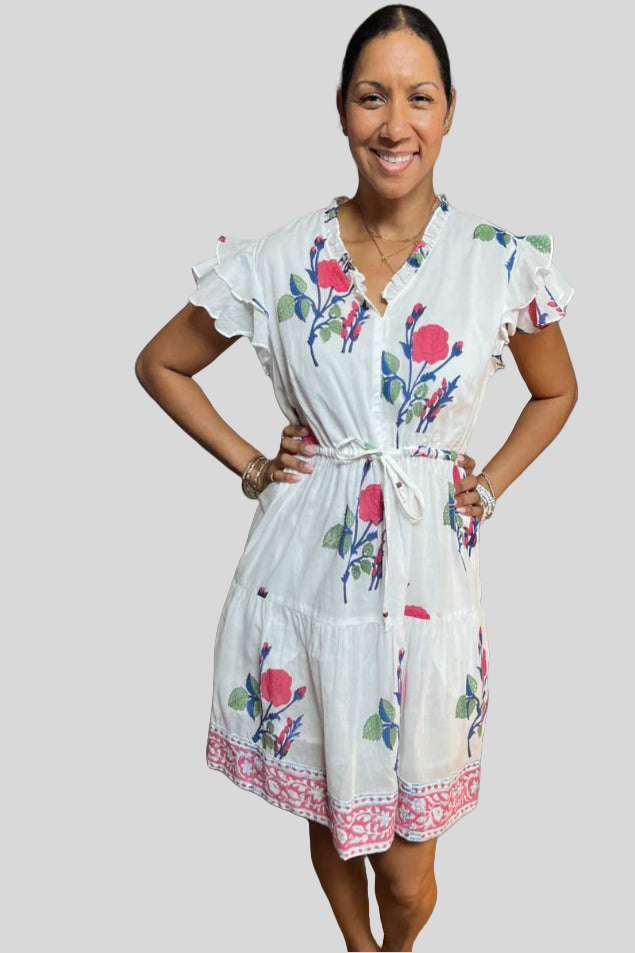 Block Print Cinched Waist Tier Dress - Short