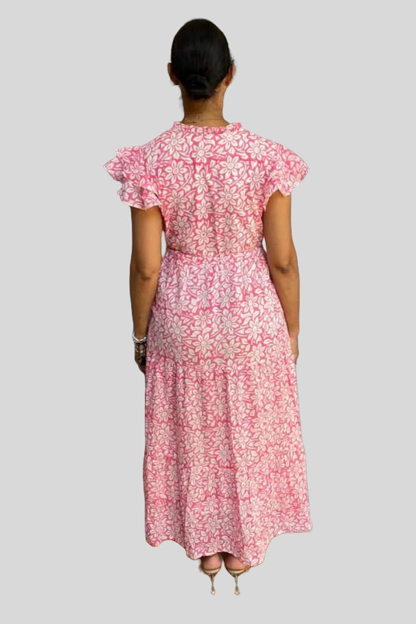 Block Print Cinched Waist Tier Dress