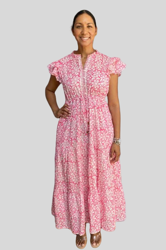 Block Print Cinched Waist Tier Dress