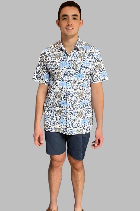 Block Print Men's Shirt - Short Sleeve - Blue & Gray Floral