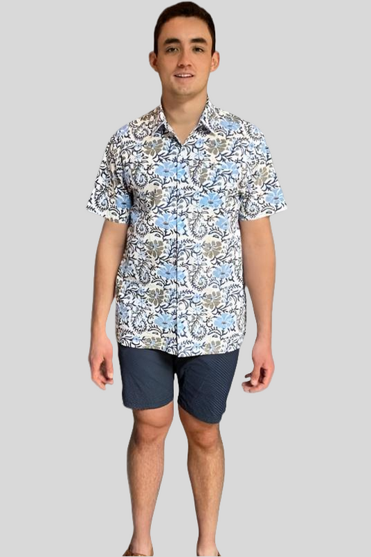 Block Print Men's Shirt - Short Sleeve - Blue & Gray Floral