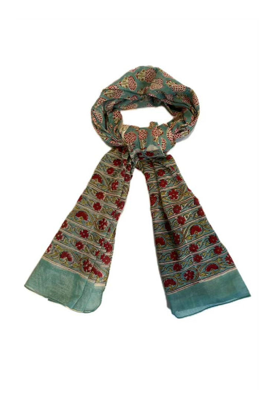 Block Print Cotton Scarf - Green & Red