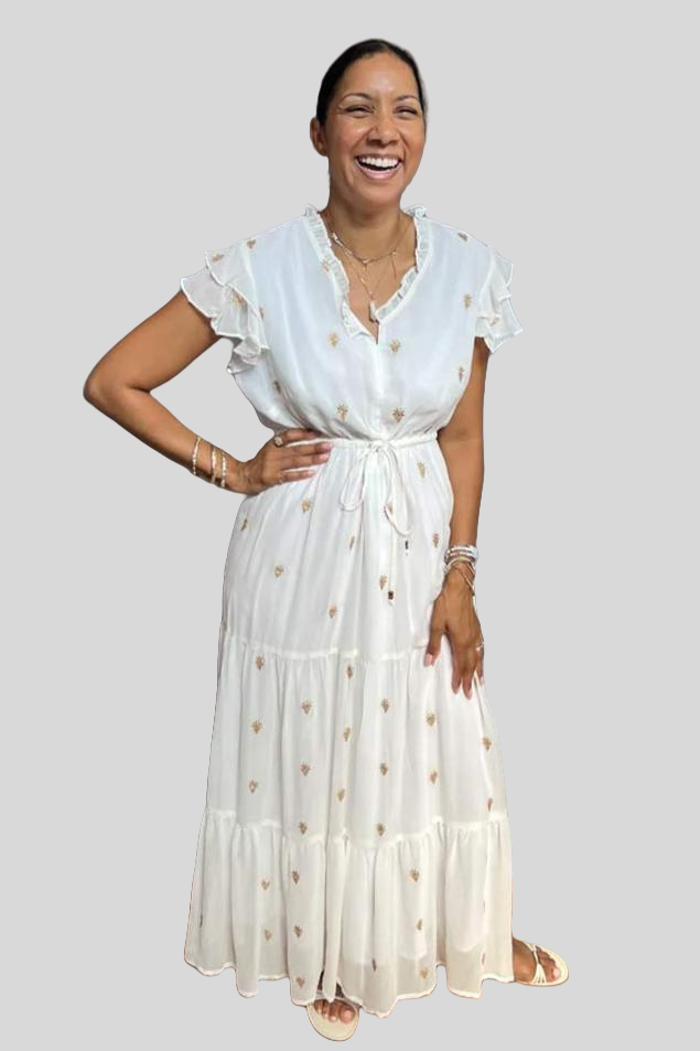 Gold Sequin Cinched Waist Tier Dress - White