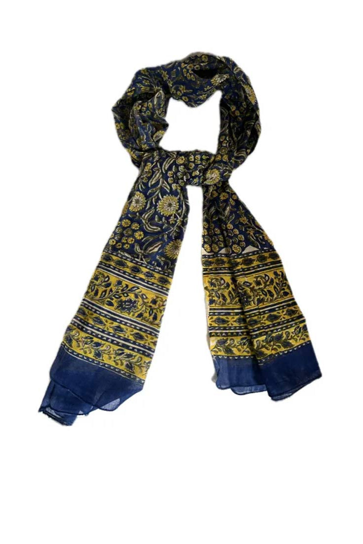 Block Print Cotton Scarf - Navy Blue & Yellow