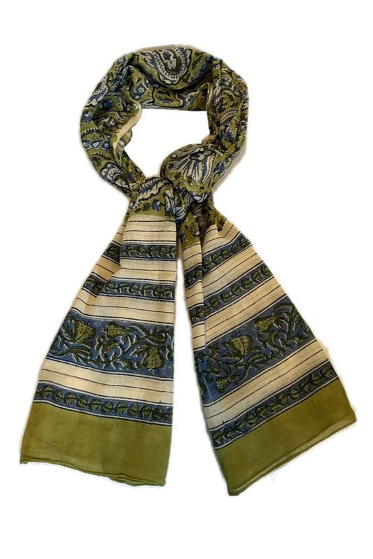 Block Print Cotton Scarf - Olive Green & Blue