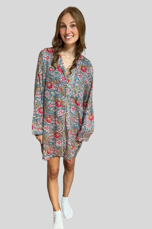 Block Print Pajama Shirt - Blue & Red Floral