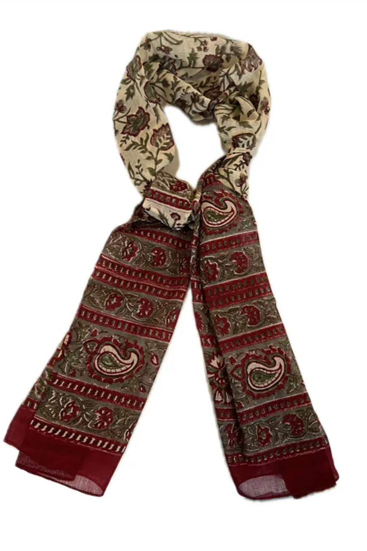 Block Print Cotton Scarf - Taupe & Wine