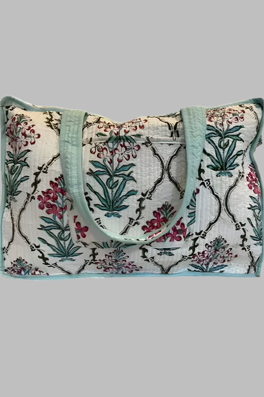 Block Print Beach Bag - White Floral
