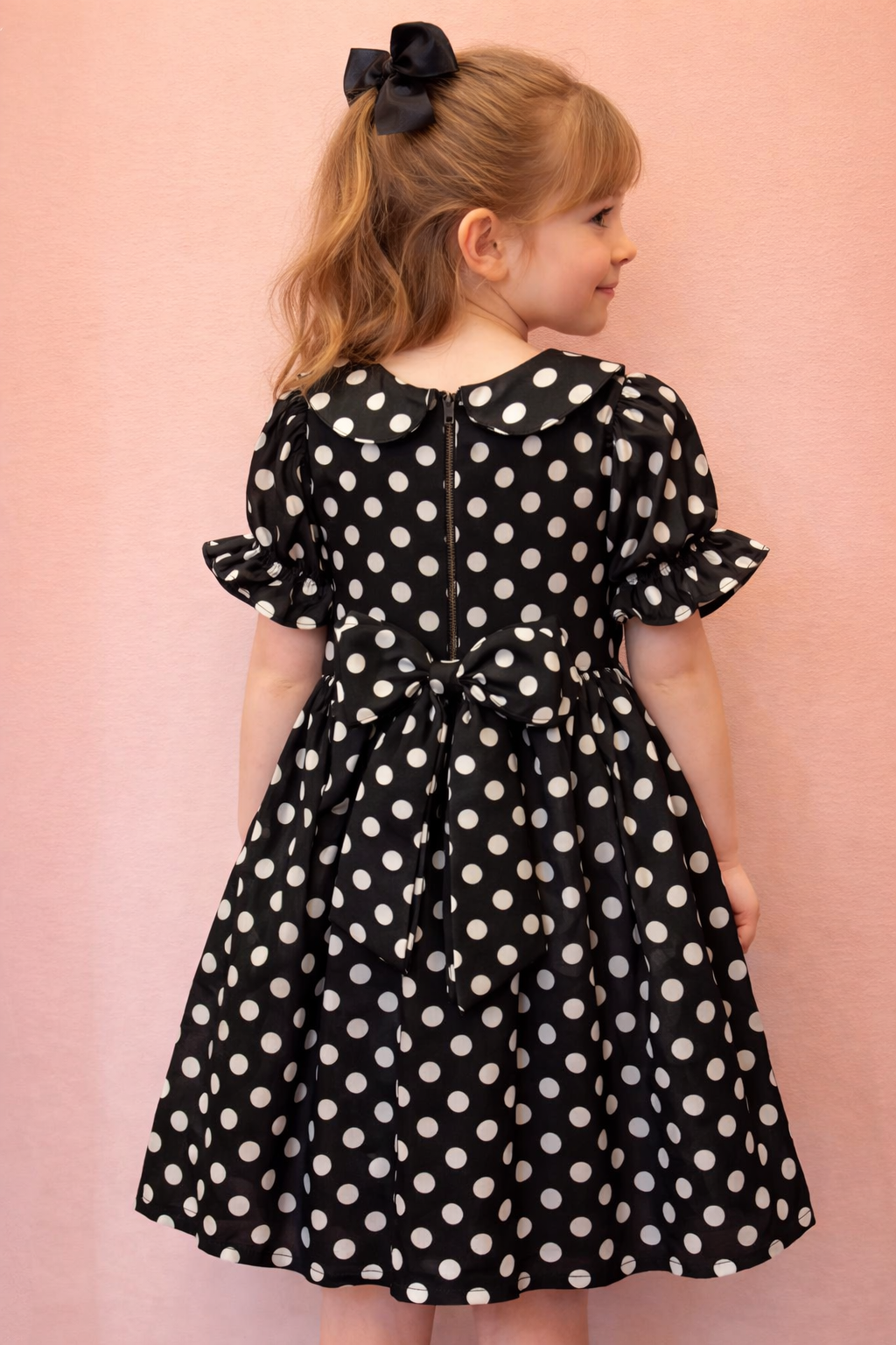 Girl's Satin Dress - White Polka Dots on Black