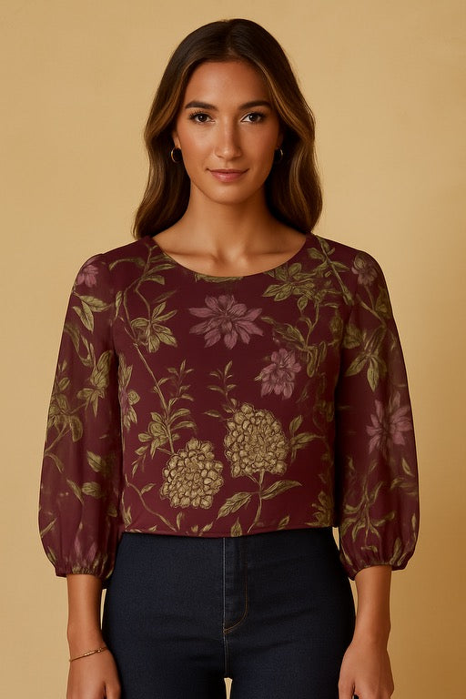 Cropped Organza Crew Neck Shirt - Wine Plum Floral