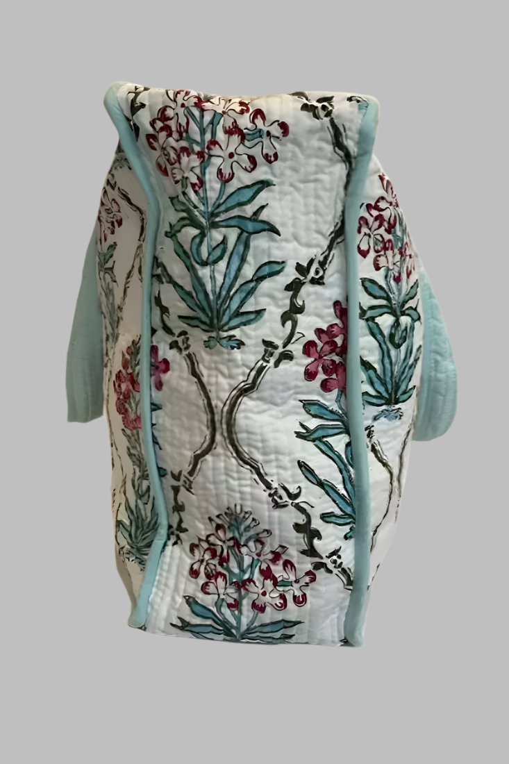 Block Print Beach Bag - White Floral