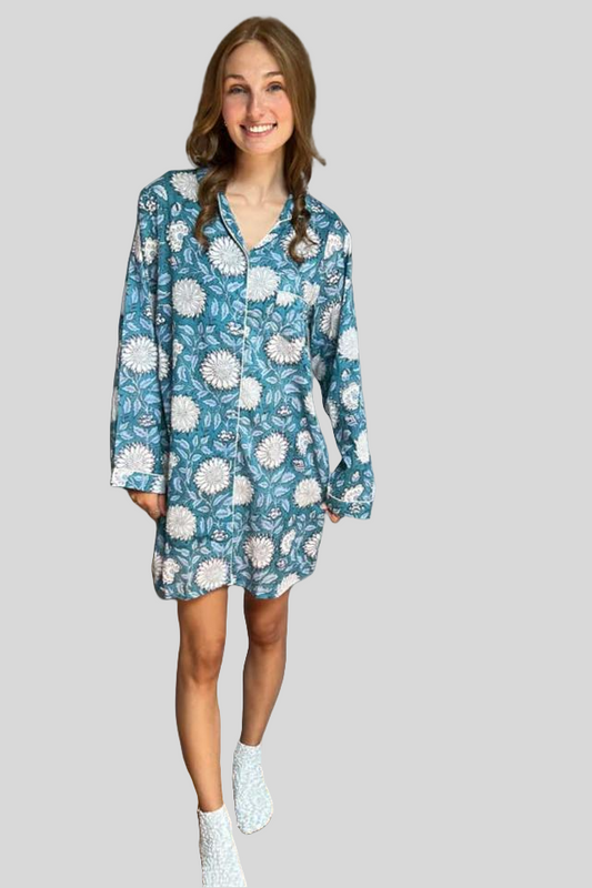 Block Print Pajama Shirt - Blue large floral