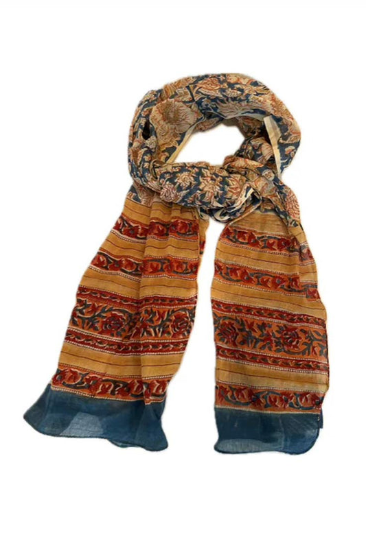 Block Print Cotton Scarf - Teal Blue & Orange
