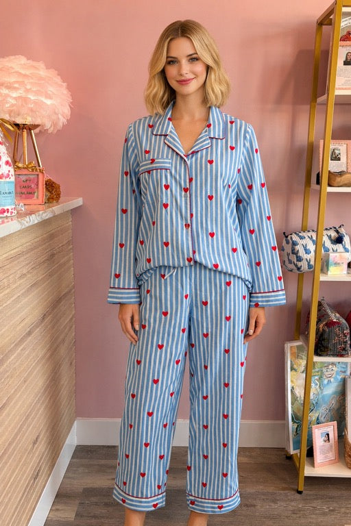 Block Print Pajama Set - Blue Stripe with Hearts