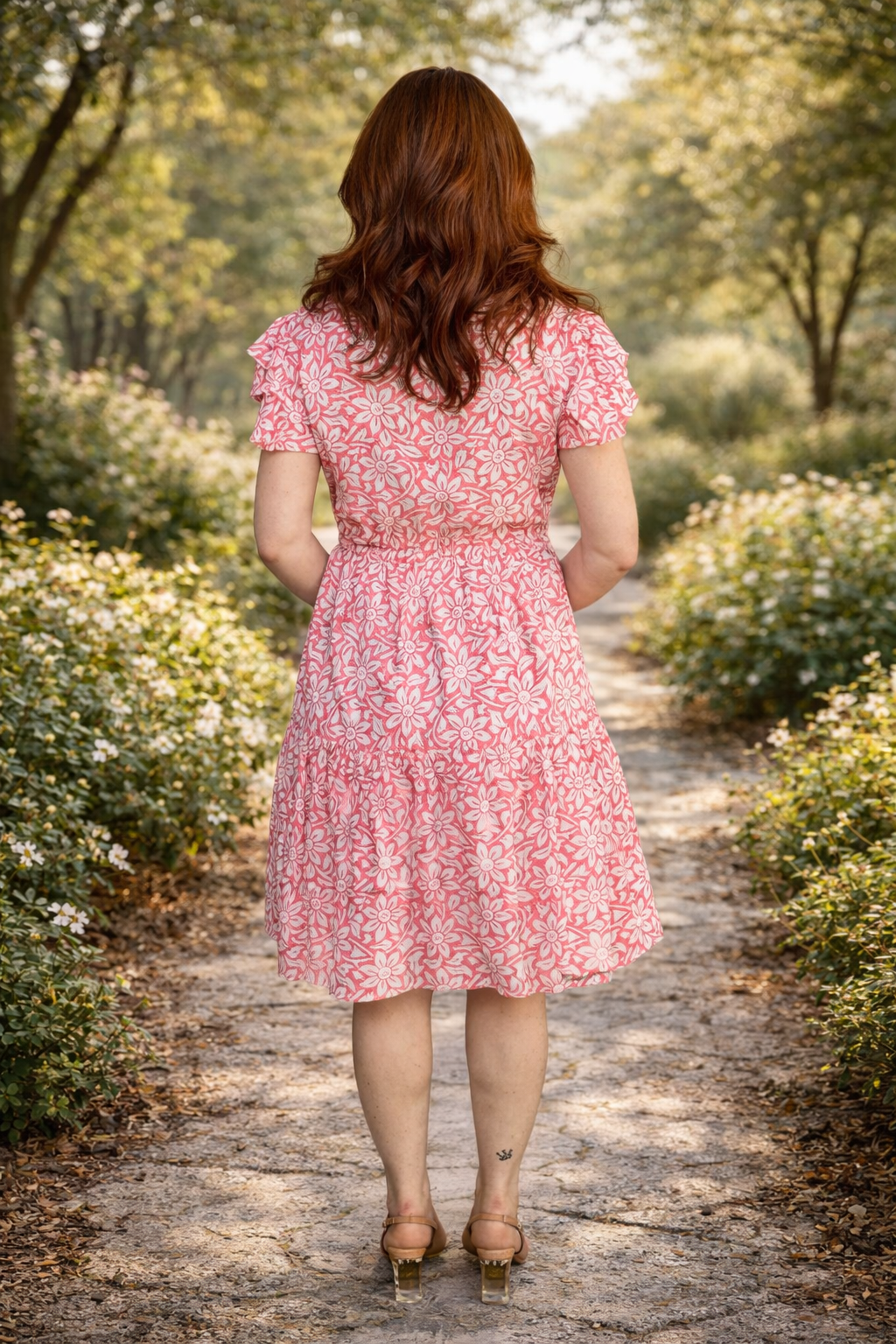 Block Print Cinched Waist Tier Dress - Pink - Short