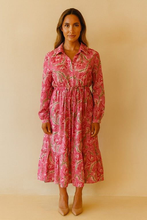 Block Print Cinched Waist Midi Dress - Dusty Floral Print