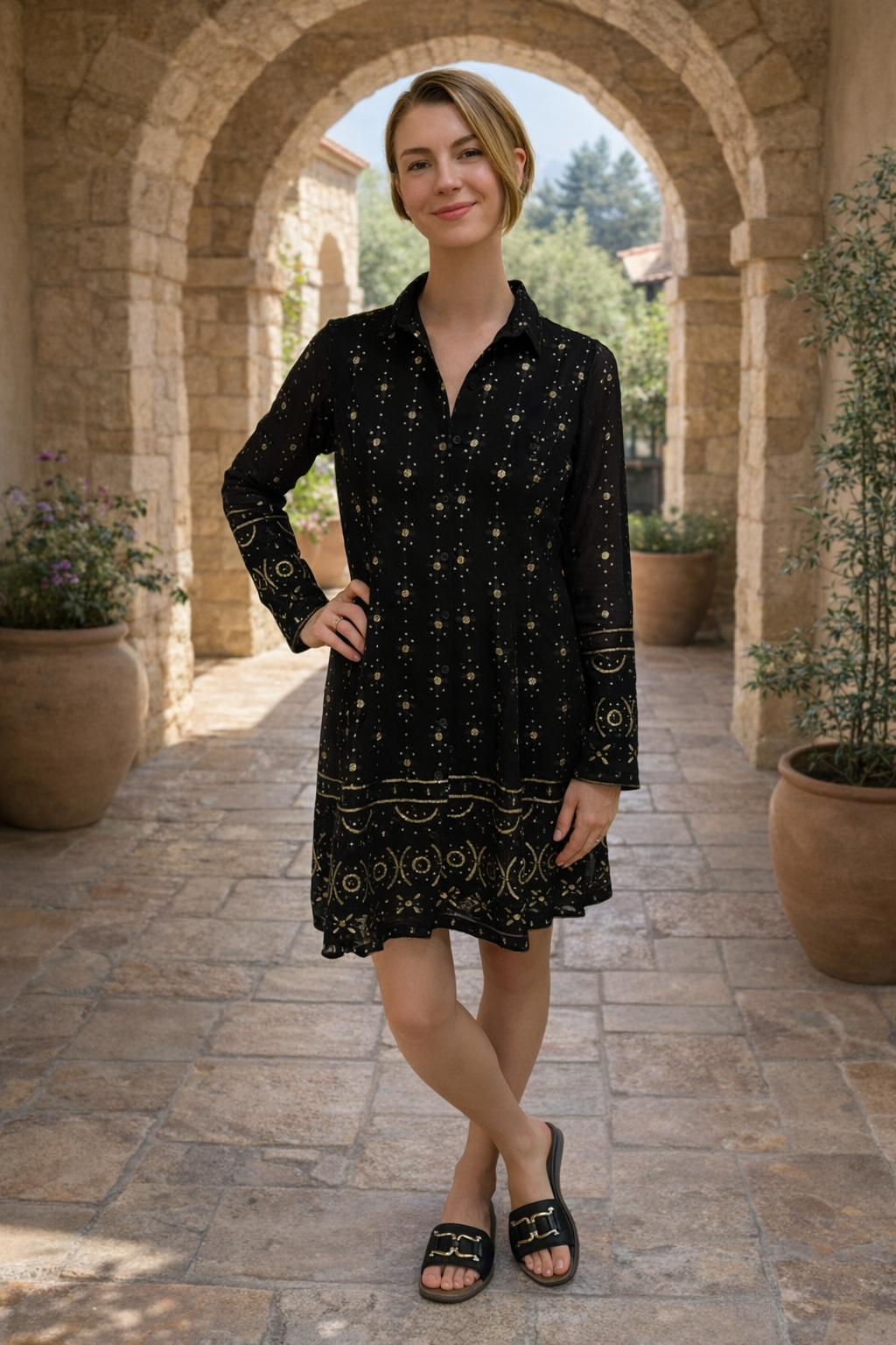 Long Sleeve Contour Dress - Black Embroidery
