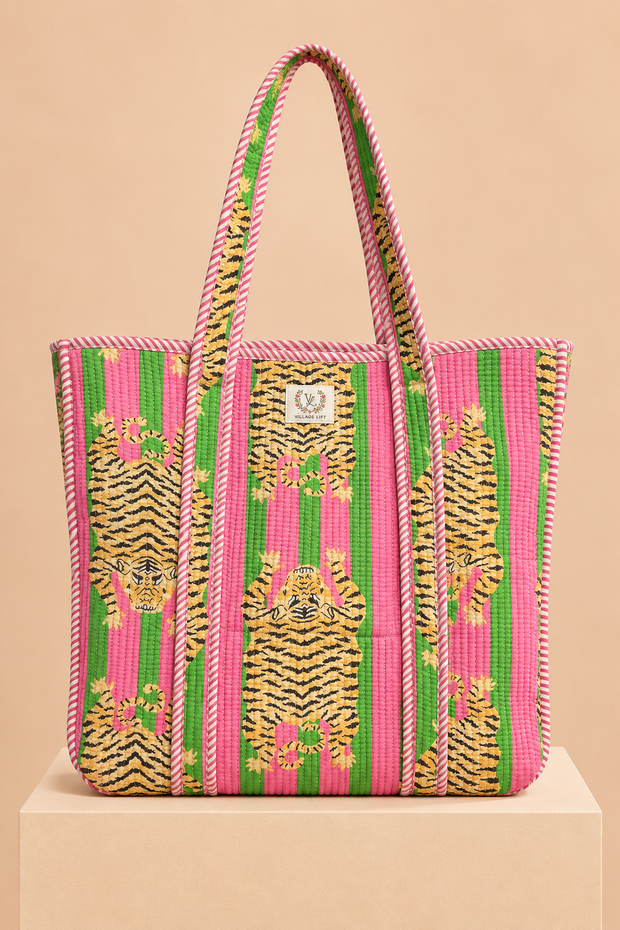 Block Print Reversible Tote Bag - Pink Tiger