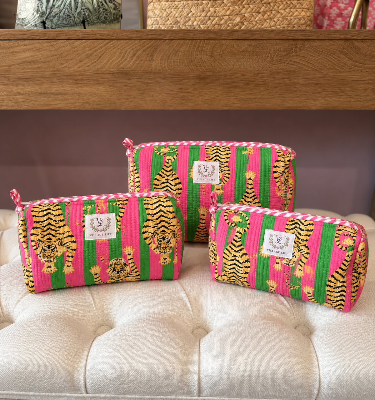 Block Print Nested Cosmetic Bags - Set of 3 - Pink Tiger
