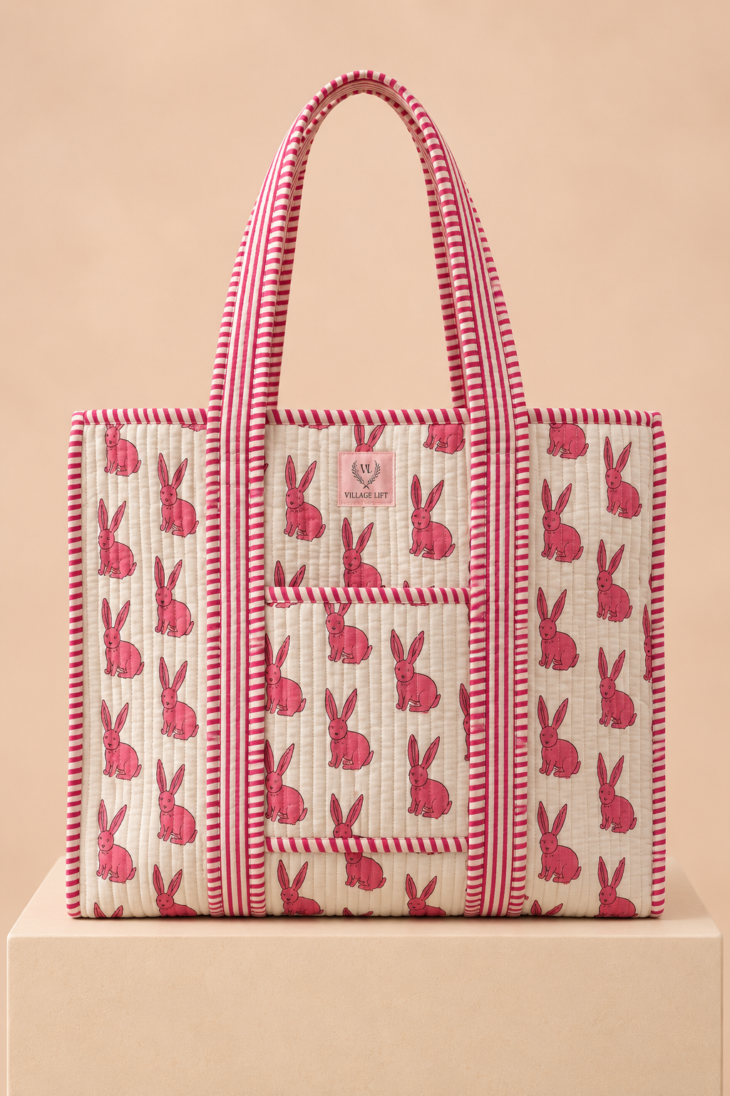 Block Print Reversible Tote Bag - Pink Bunny