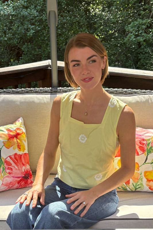 Embroidered Square Neck Tank - Yellow Daisy