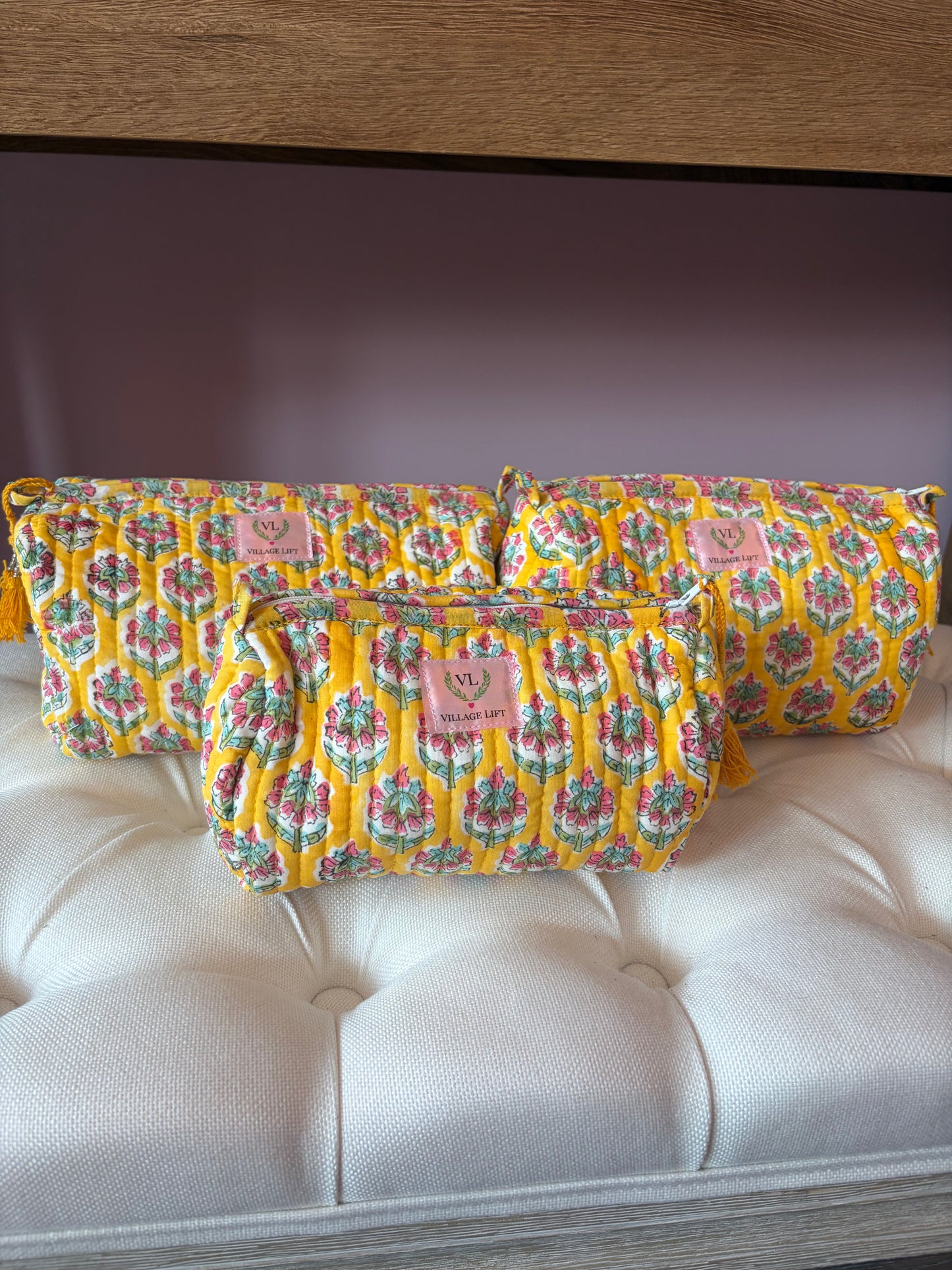 Block Print Nested Cosmetic Bags - Set of 3 - Yellow with Flower Boti