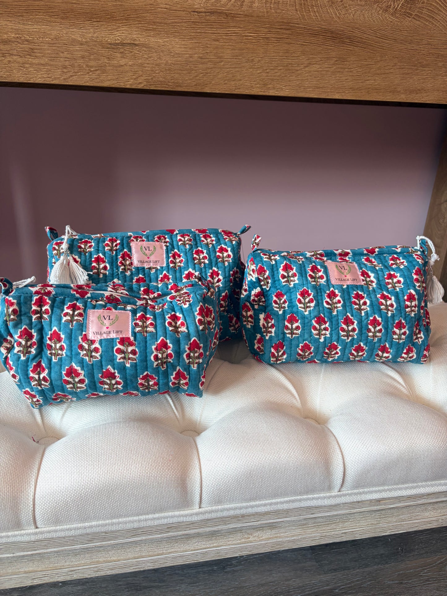 Block Print Nested Cosmetic Bags - Set of 3 - Blue with Red Boti