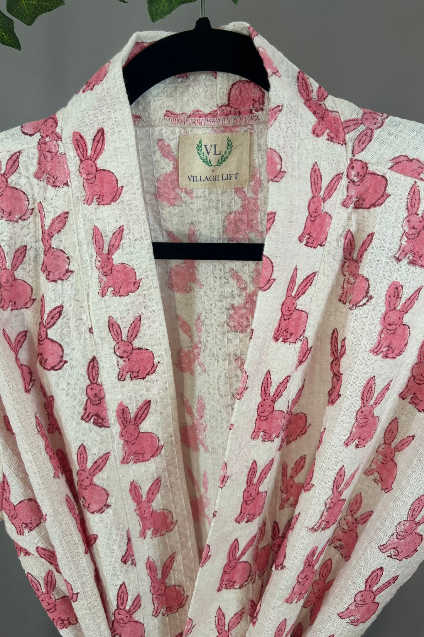 Block Print Waffle Cotton Robe - Pink Bunny