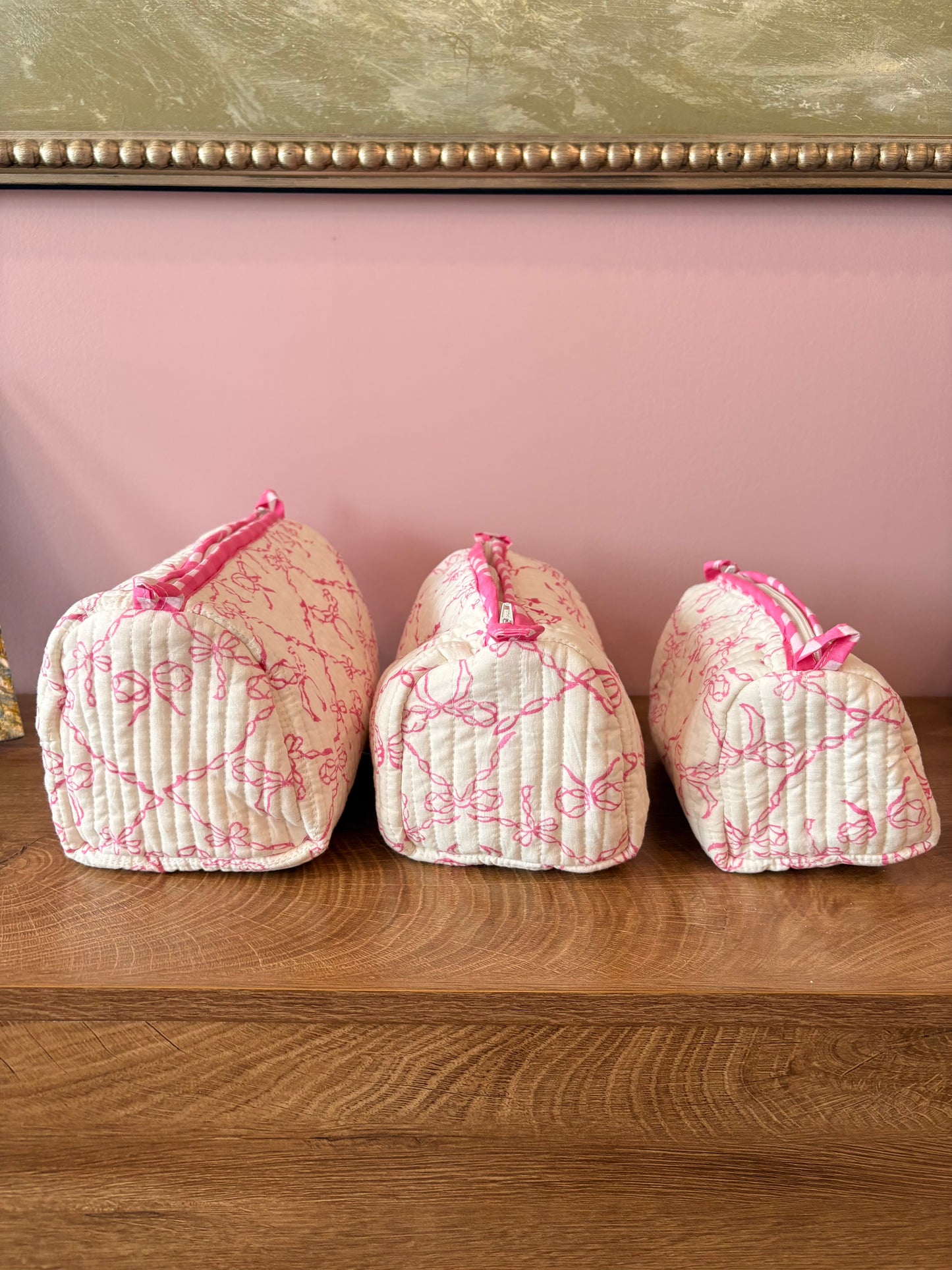 Block Print Nested Cosmetic Bags - Set of 3 - Pink Bow