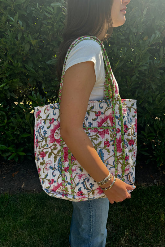 Block Print  Reversible Tote Bag - Multicolor Floral and Green Boit