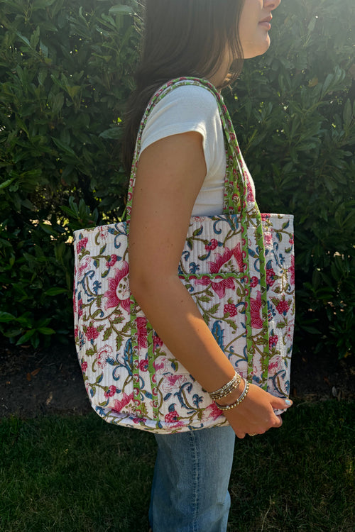 Block Print Reversible Tote Bag - Multicolor Floral and Green Boit