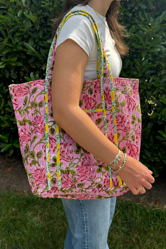 Block Print  Reversible Tote Bag - Pink Floral and Lemons