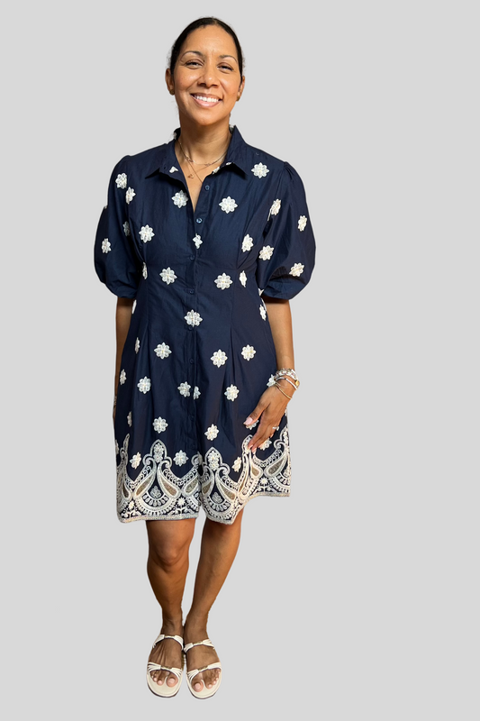 Puff Elegance Contour Dress - Embroidered Blue