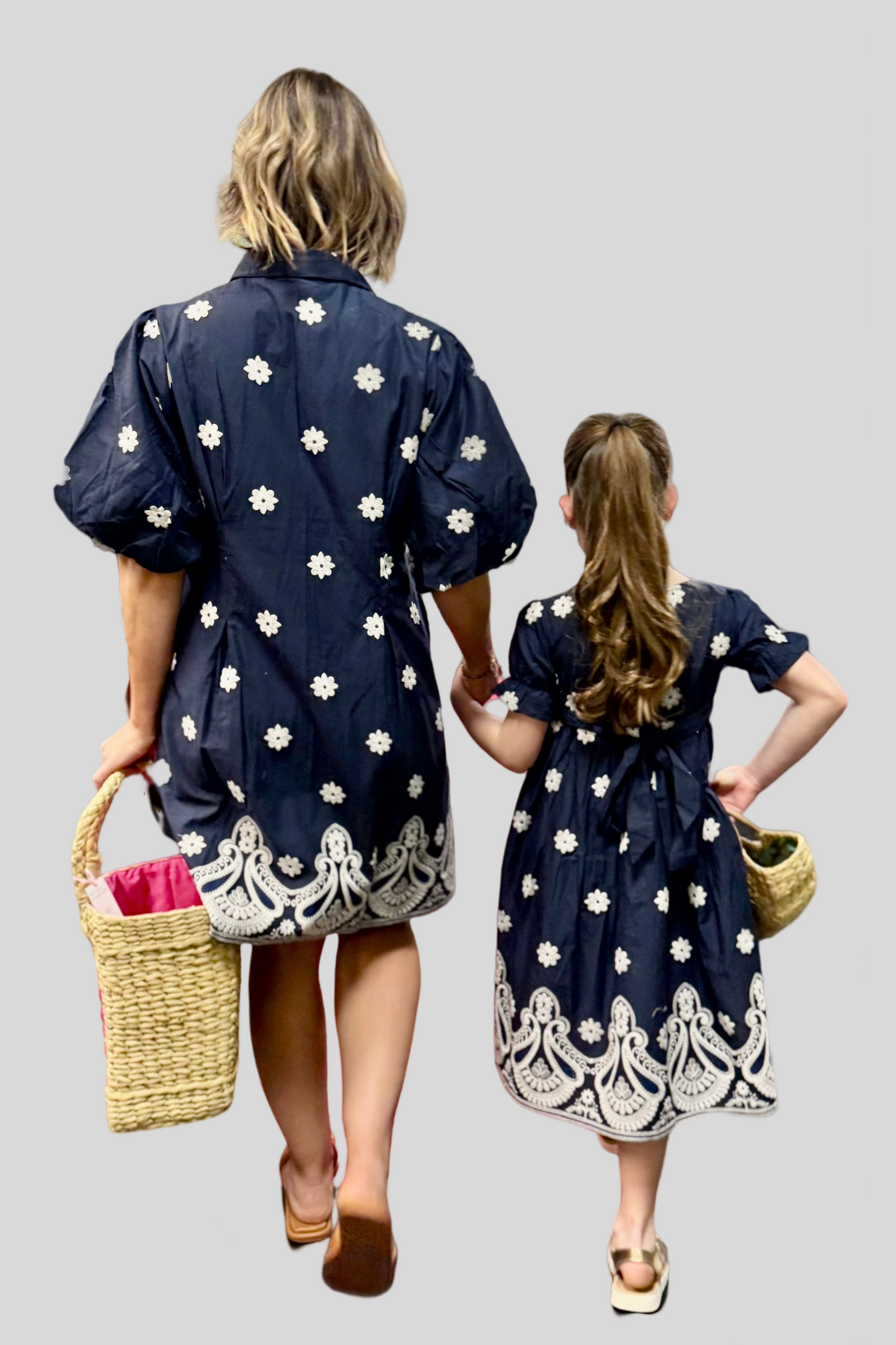 Puff Elegance Contour Dress - Embroidered Navy