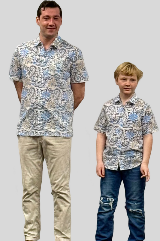 Block Print Boy's Shirt - Short Sleeves - Blue & Gray Floral